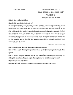 Bộ đề thi giữa học kì 2 lớp 12 môn Ngữ văn