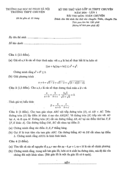 Đề thi thử vào 10 chuyên môn Toán (chuyên) năm 2024 lần 1 trường chuyên ĐHSP Hà Nội