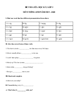 Đề thi tiếng Anh lớp 5 giữa học kì 2 năm 2019 - 2020