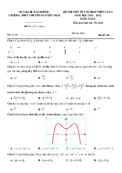 Đề thi thử Toán TN THPT 2022 lần 4 trường chuyên Nguyễn Trãi – Hải Dương