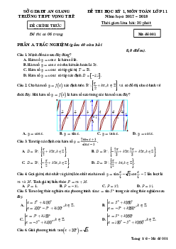 Đề thi học kỳ 1 Toán 11 năm học 2017 – 2018 trường THPT Vọng Thê – An Giang