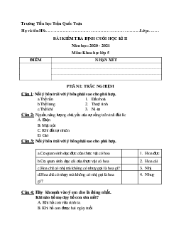 Đề thi học kì 2 lớp 5 môn Khoa học trường Tiểu học Trần Quốc Toản năm học 2020 – 2021