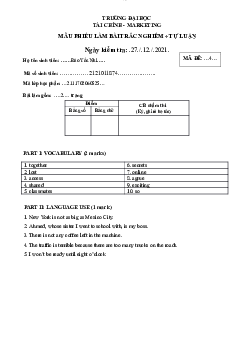 Mẫu phiếu làm bài trắc nghiệm và tự luận học phần Tiếng anh cơ bản