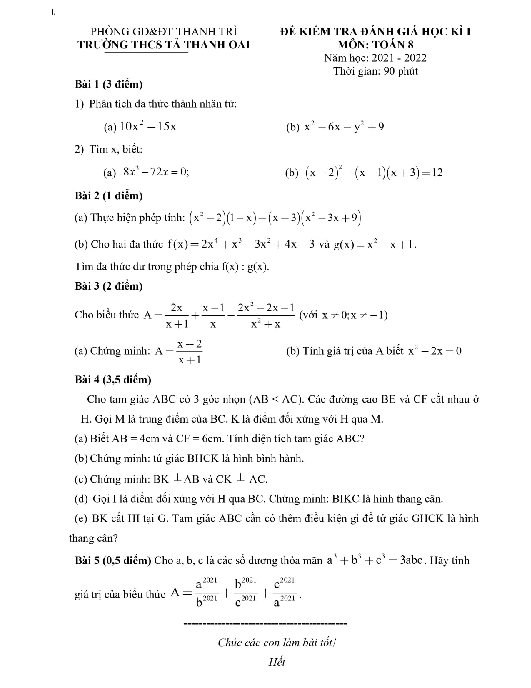 Đề thi học kì 1 Toán 8 năm 2021 – 2022 trường THCS Tả Thanh Oai – Hà Nội