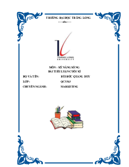 Tiểu luận " Quản trị cuộc sống của mình" môn Kỹ năng sống | Đại học Thăng Long