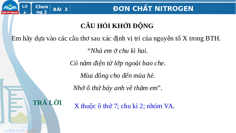 Giáo án điện tử Hoá học 11 Bài 3 Chân trời sáng tạo: Đơn chất nitrogen