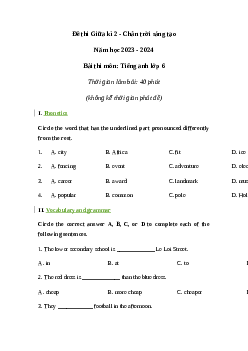 Đề thi giữa học kì 2 môn Tiếng Anh 6 năm 2023 - 2024 sách Friends Plus | đề 1