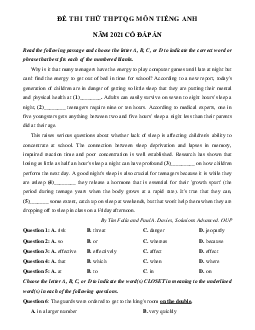 Đề thi thử THPT Quốc gia môn Tiếng Anh năm 2021 trường THPT Chuyên Hùng Vương lần 2 (có đáp án)