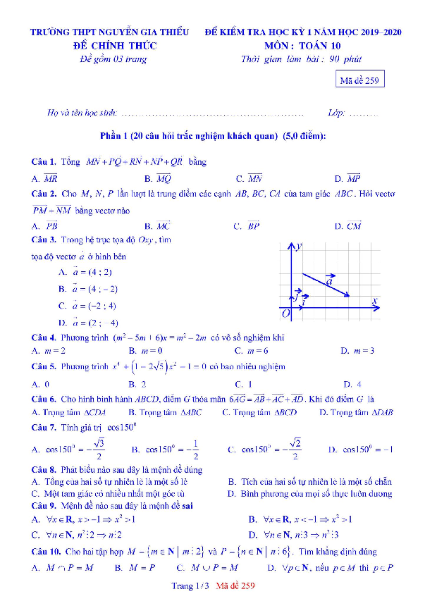 Đề thi HK1 Toán 10 năm 2019 – 2020 trường Nguyễn Gia Thiều – Hà Nội