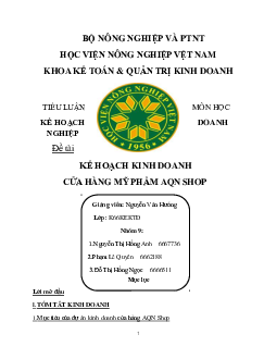 Tiểu luận | Kế hoạch kinh doanh cửa hàng mỹ phẩm AQN Shop | Học viện Nông nghiệp Việt Nam