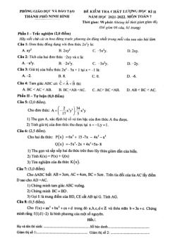 Đề học kì 2 Toán 7 năm 2021 – 2022 phòng GD&ĐT thành phố Ninh Bình