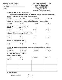 Đề thi cuối học kì 2 môn Toán lớp 4 trường tiểu học Hưng Hà, Thái Bình năm 2015 - 2016