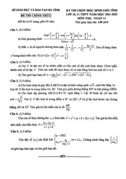 Đề thi học sinh giỏi tỉnh Toán 11 năm 2021 – 2022 sở GD&ĐT Hà Tĩnh
