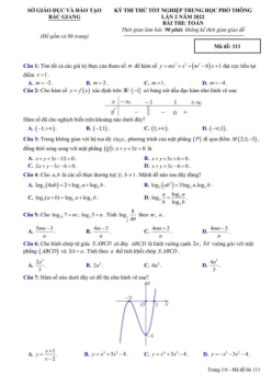 Đề thi thử THPT Quốc gia năm 2022 môn Toán lần 2 Sở GD&ĐT Bắc Giang