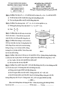 Đề kiểm tra cuối kỳ 2 Toán 9 năm 2021 – 2022 trường THCS Trần Văn Ơn – TP HCM