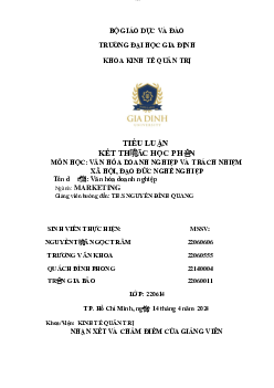 Văn hóa doanh nghiệp - Tiểu luận môn Văn hóa doanh nghiệp và trách nhiệm xã hội, đạo đức nghề nghiệp | Đại học Gia Định