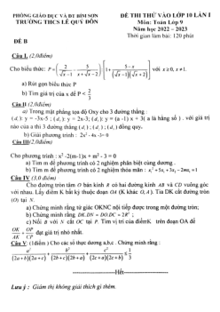 Đề thi thử Toán vào 10 lần 1 năm 2022 – 2023 trường Lê Quý Đôn – Thanh Hóa