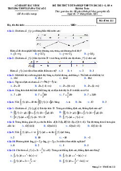 Đề thi thử Toán tốt nghiệp THPT 2021 lần 5 trường Lương Tài 2 – Bắc Ninh