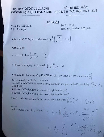 Đề thi Giải tích 1 đề số 1 kỳ 2 năm học 2021-2022 | Trường Đại học Công nghệ, Đại học Quốc gia Hà Nội