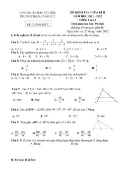 Đề kiểm tra giữa học kì 2 Toán 8 năm 2021 – 2022 trường THCS Cổ Nhuế 2 – Hà Nội