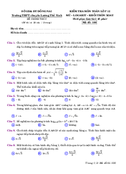 Đề kiểm tra Toán 12 (Mũ – Logarit – Khối tròn xoay) trường THPT chuyên Lương Thế Vinh – Đồng Nai