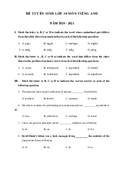 Đề ôn thi vào lớp 10 môn tiếng Anh Sở GD&ĐT Thành phố Hà Nội năm 2020-2021