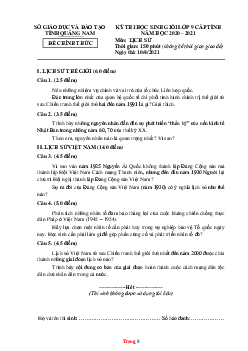 Đề thi HSG môn Lịch Sử 9 Sở GD Quảng Nam năm học 2020-2021 (có đáp án)