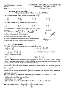 Đề giữa kì 2 Toán 6 năm 2022 – 2023 trường THCS Yên Hòa – Hà Nội
