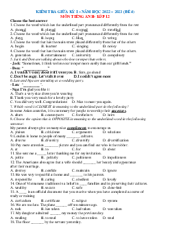 Đề kiểm tra số 4 giữa kỳ 1 tiếng anh 12 năm 2022-2023 (có đáp án)