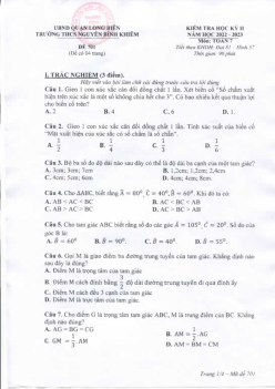 Đề cuối học kỳ 2 Toán 7 năm 2022 – 2023 trường THCS Nguyễn Bỉnh Khiêm – Hà Nội