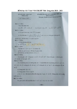 Đề thi học kì 1 Toán 9 Sở GD&ĐT Vĩnh Long năm 2020 - 2021