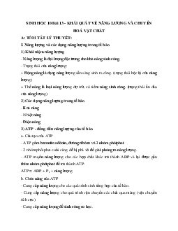 Tóm tắt lý thuyết Sinh học 10 bài 13: Khái quát về năng lượng và chuyển hoá vật chất