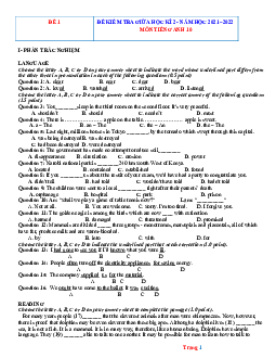 Bộ đề thi giữa kì 2 Tiếng Anh 10 năm 2022 (có đáp án)