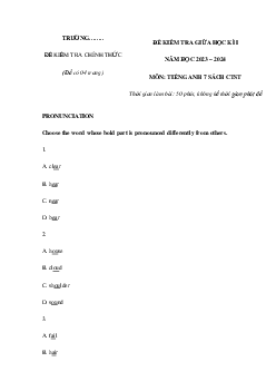 Đề thi giữa học kì 1 môn tiếng Anh lớp 7 năm 2023 - 2024 CTST Đề 1