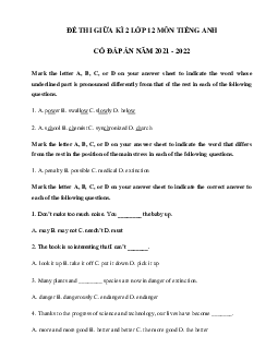 Đề kiểm tra giữa kì 2 môn tiếng Anh lớp 12 (có đáp án) số 2