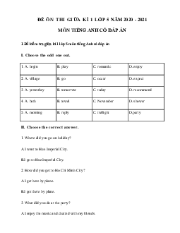 Đề thi giữa học kỳ 1 môn Tiếng Anh lớp 5 năm 2020