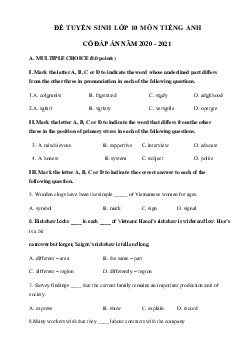Đề thi tuyển sinh lớp 10 môn Anh số 8 năm 2020-2021