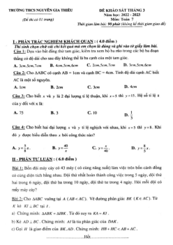 Đề khảo sát Toán 7 tháng 3 năm 2023 trường THCS Nguyễn Gia Thiều – Bắc Ninh