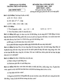 Đề kiểm tra HK1 Toán 6 năm 2022 – 2023 trường THCS Ngô Quyền – TP HCM