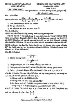 Đề khảo sát chất lượng Toán 9 năm 2021 – 2022 phòng GD&ĐT Hà Đông – Hà Nội