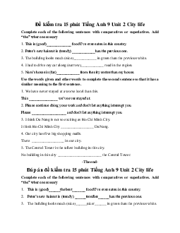 Đề kiểm tra 15 phút Tiếng Anh 9 Unit 2 City life