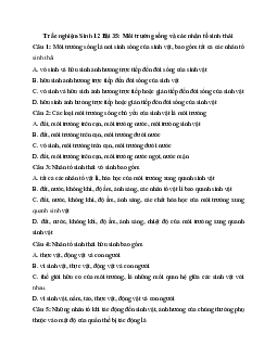 Trắc nghiệm Sinh học 12 bài 35: Môi trường sống và các nhân tố sinh thái