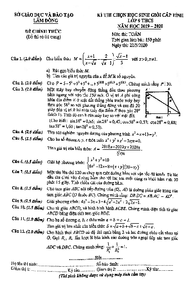 Đề thi chọn HSG tỉnh Toán 9 năm học 2019 – 2020 sở GD&ĐT Lâm Đồng
