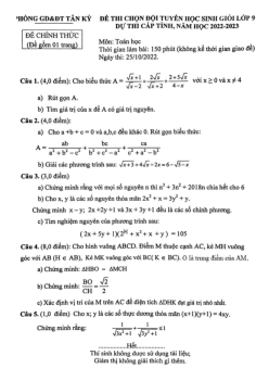 Đề chọn đội tuyển thi HSG tỉnh Toán 9 năm 2022 – 2023 phòng GD&ĐT Tân Kỳ – Nghệ An