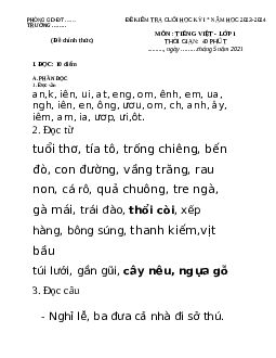 ĐỀ THI HỌC KÌ 1 lớp 1 môn Tiếng Việt | Đề 3 | Chân trời sáng tạo