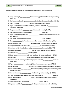 B1 Word Formation Sentences with key