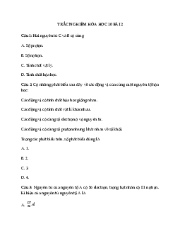 Trắc nghiệm Hóa học 10 bài 2: Hạt nhân nguyên tử. Nguyên tố hóa học. Đồng vị