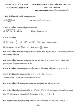 Đề kiểm tra cuối kỳ 2 Toán 10 năm 2021 – 2022 trường THPT Hiệp Bình – TP HCM