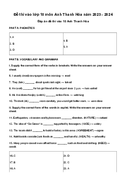 Đề thi vào 10 môn Tiếng Anh năm 2023 - 2024 sở GD&ĐT Thanh Hóa