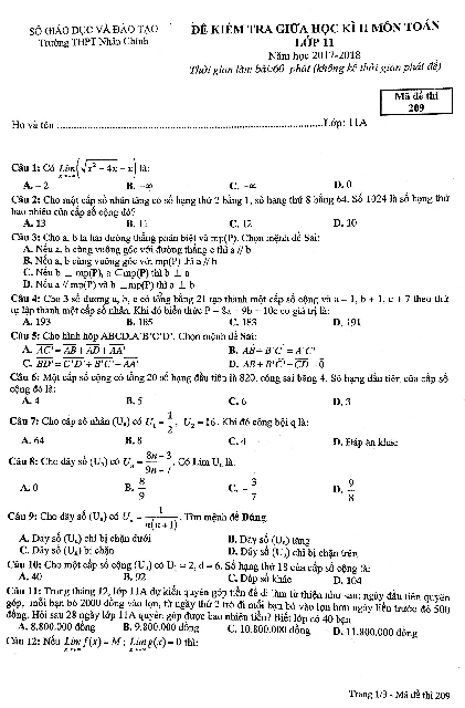 Đề kiểm tra giữa HK2 Toán 11 năm học 2017 – 2018 trường THPT Nhân Chính – Hà Nội